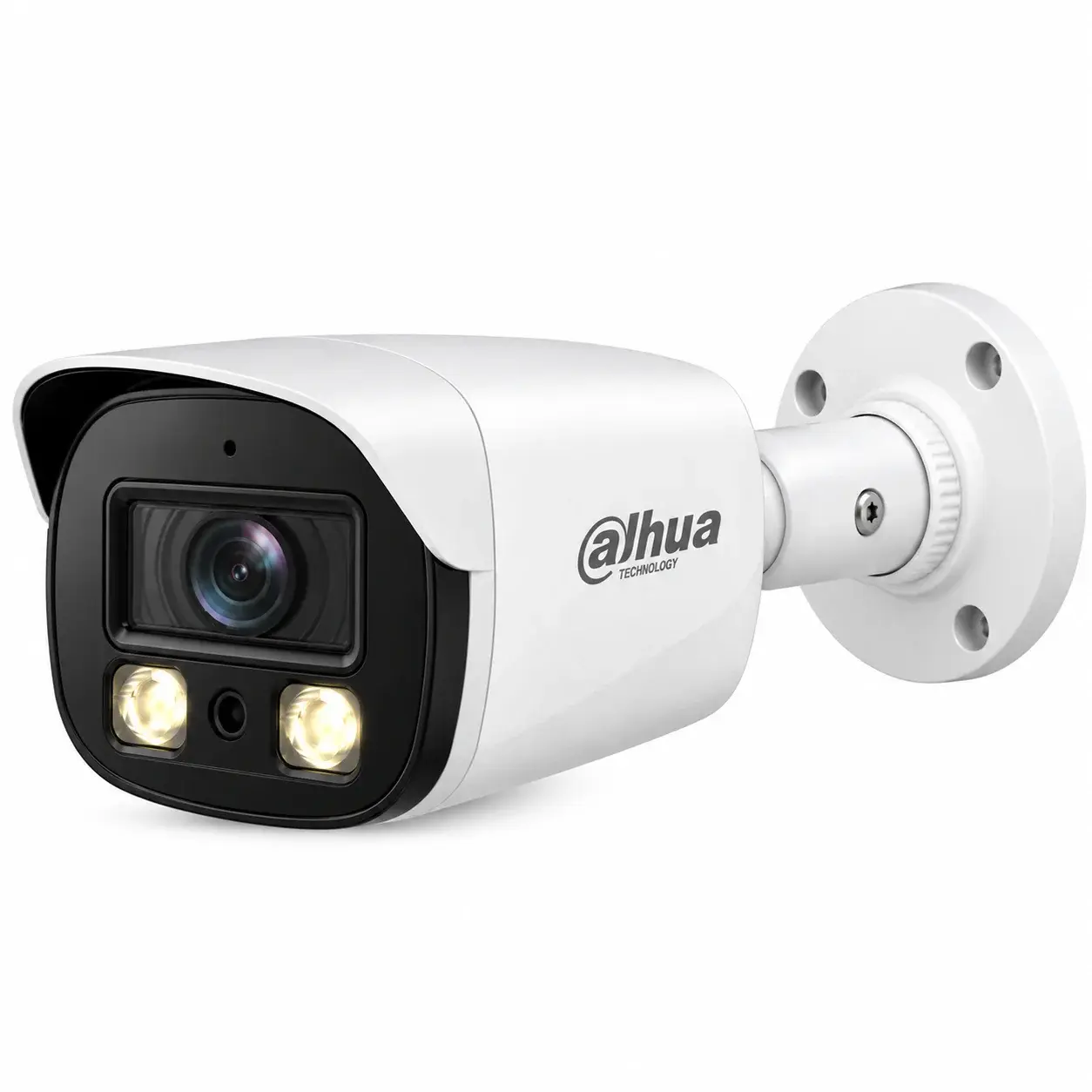 Compact Dahua bullet camera with two large warm-light LEDs