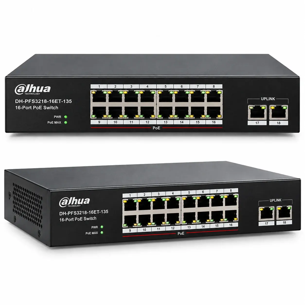 Dahua DH-PFS3218-16ET-135 16-port PoE switch, front and angled views